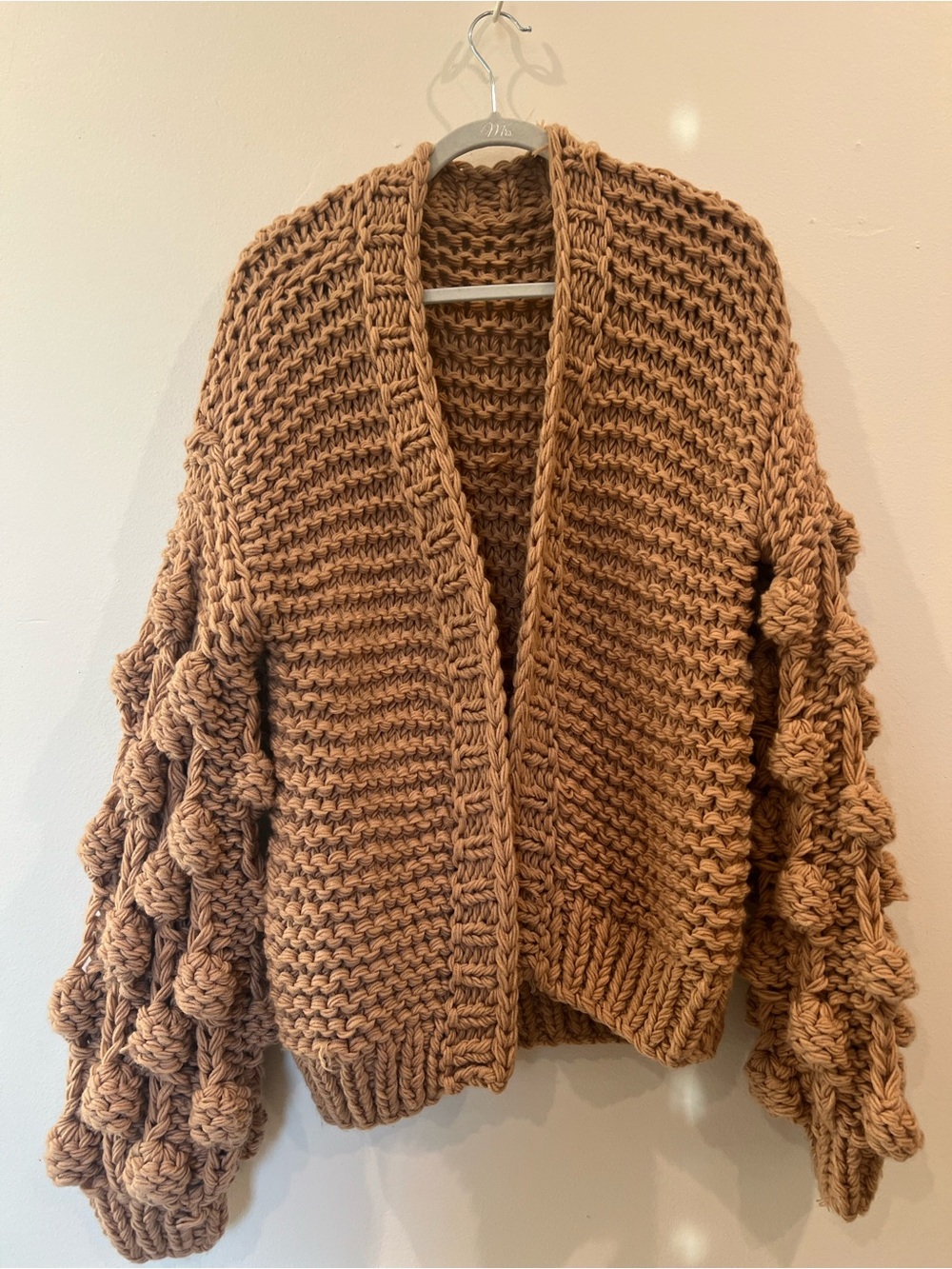 Bubble-Sleeve Open-Front Cardigan - Tan